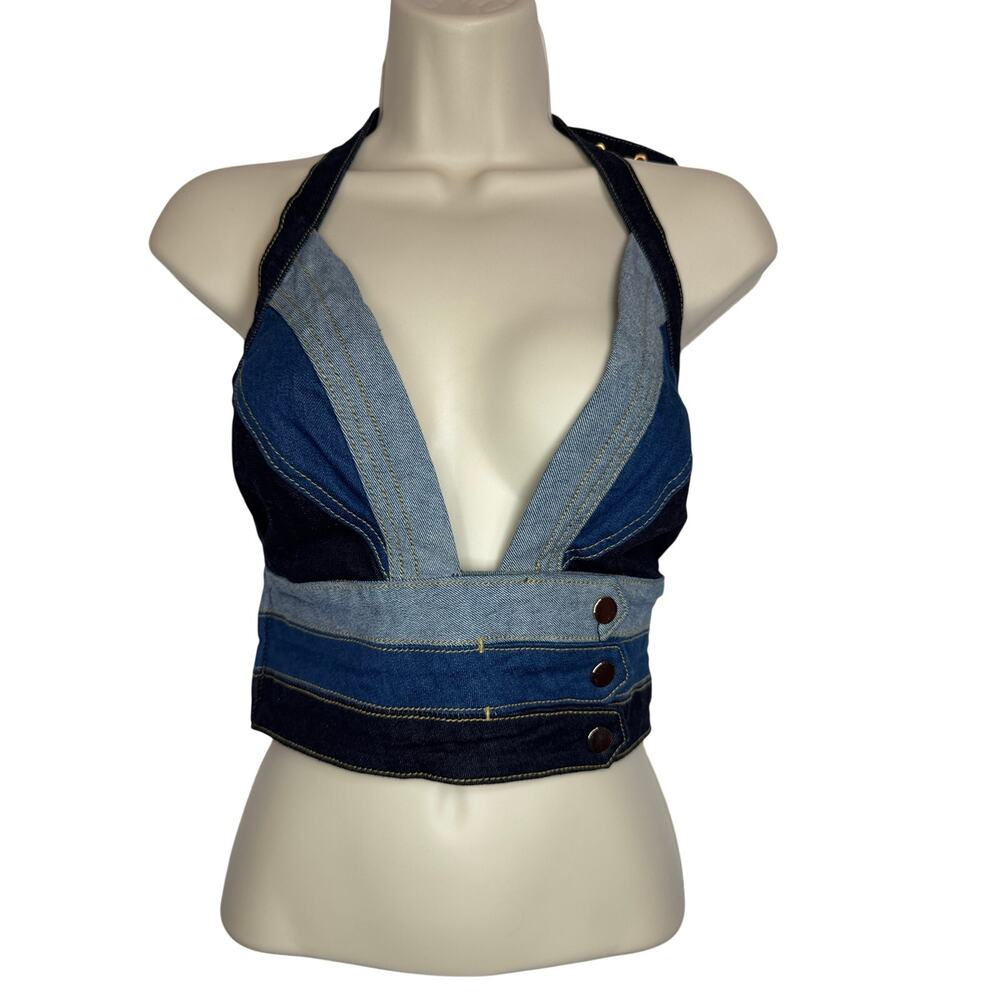 465. Fashion Nova Denim Halter Crop Top Size XL Blue Demin